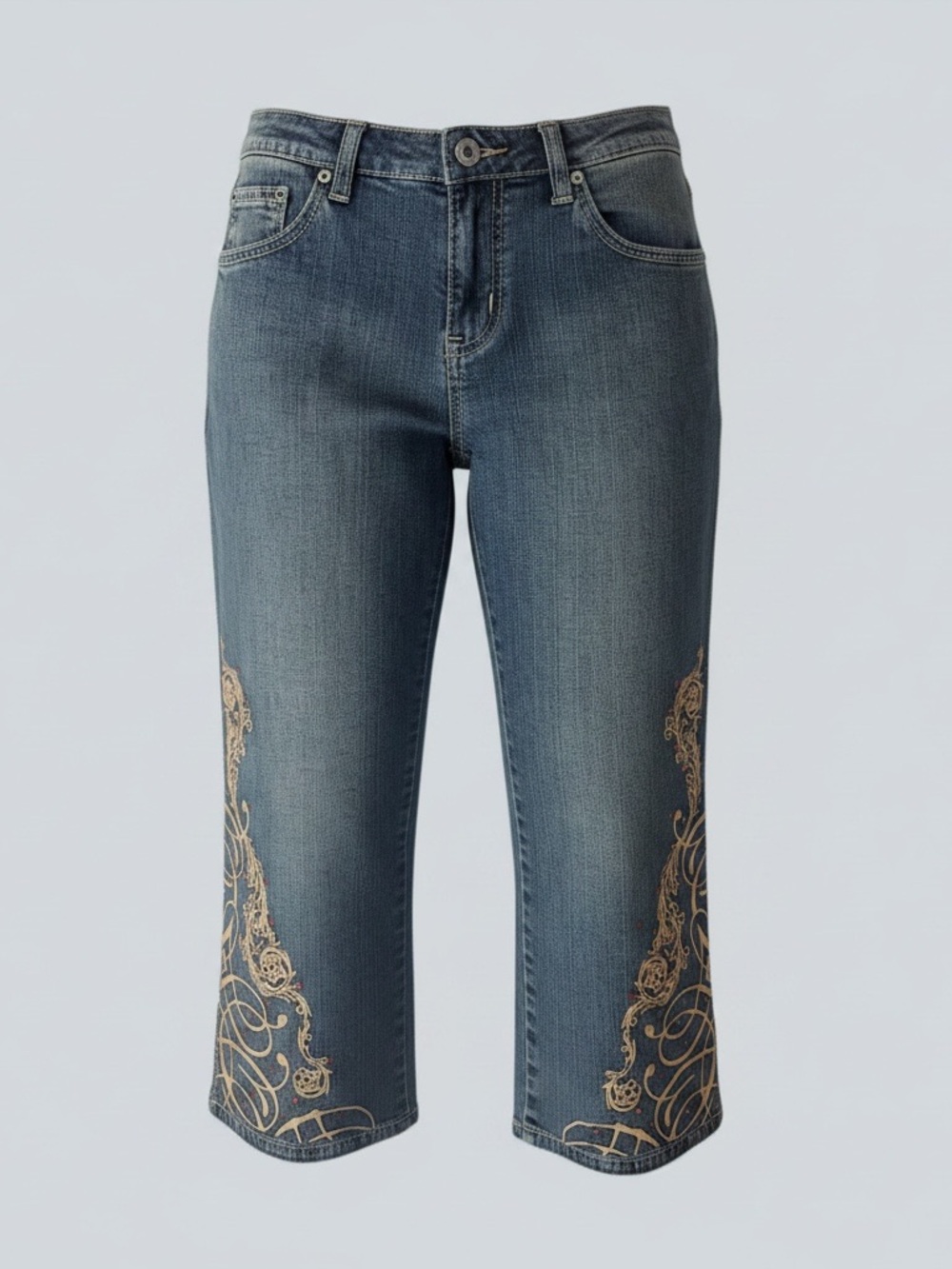 Vintage Floral Embroidered Ethyl Cropped Capri Jeans